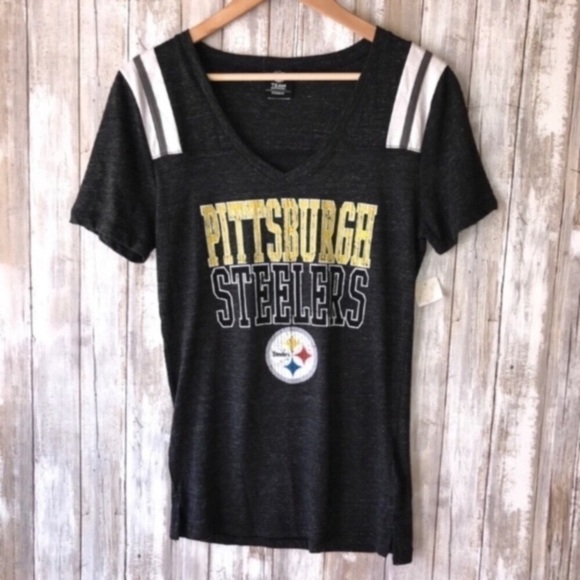 NFL Tops - NWT NFL Pittsburgh Steelers Women’s Medium V Neck Tee Black Gold Striped Sleeve